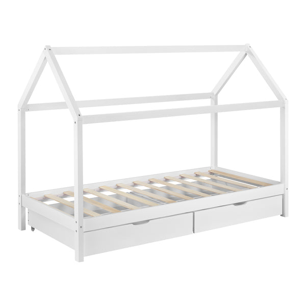 [en.casa]® Børneseng "Hus" med opbevaring - 2 skuffer - 206x98x150cm - fyrretræ - hvid (matt)