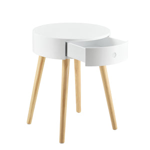 [en.casa] Stabelbart sengebord - sidebord med skuffe - rund - 50x38x38cm - MDF - fyrretræ - hvidlakeret