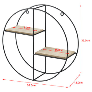 [en.casa] Rund Væghylde - 2 hylder - 35x12x35cm - metal - træ - sort