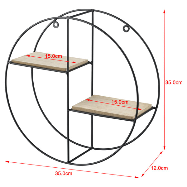 [en.casa] Rund Væghylde - 2 hylder - 35x12x35cm - metal - træ - sort