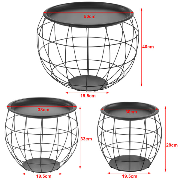  [en.casa] Sofabord - sengebord sæt - 3 stk. - aftagelig bordplade / bakke - metal - sort - Ø19,5cm - højde: 30 / 38 / 50 cm