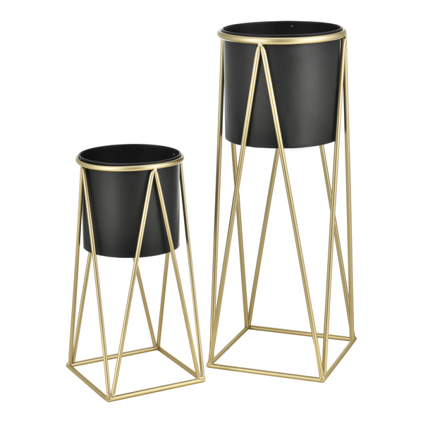 [casa.pro]® Plantestativ sæt - 2 stk. - med indbyggede krukker - 47x21,5cm - 71x26,5cm - metal / messing-sort