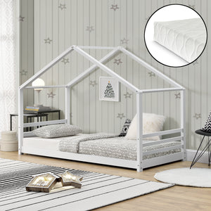[en.casa]® Børneseng "Hus" inkl. antiallergisk madras - 200x140cm - fyrretræ - hvid (matt)