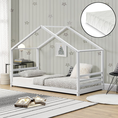 [en.casa]® Børneseng "Hus" inkl. antiallergisk madras - 200x140cm - fyrretræ - hvid (matt)