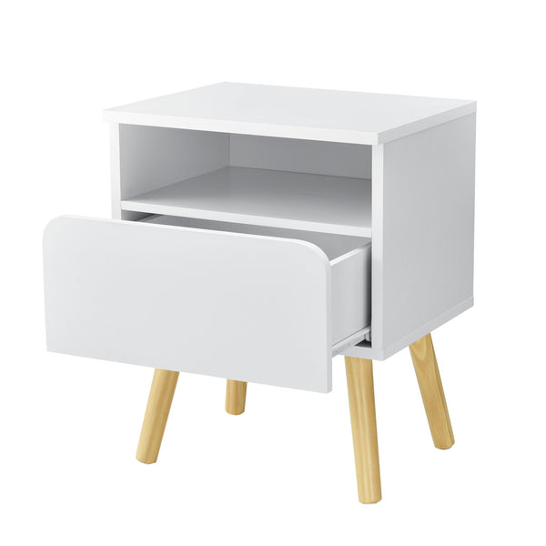 [en.casa]® Sengebord Mihle med skuffe - 50x40x34cm - spånplade/fyrretræ - hvid