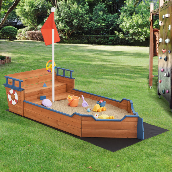 Sandkasse Mestia med piratskibslook 136x193x94cm træ natur [en.casa].