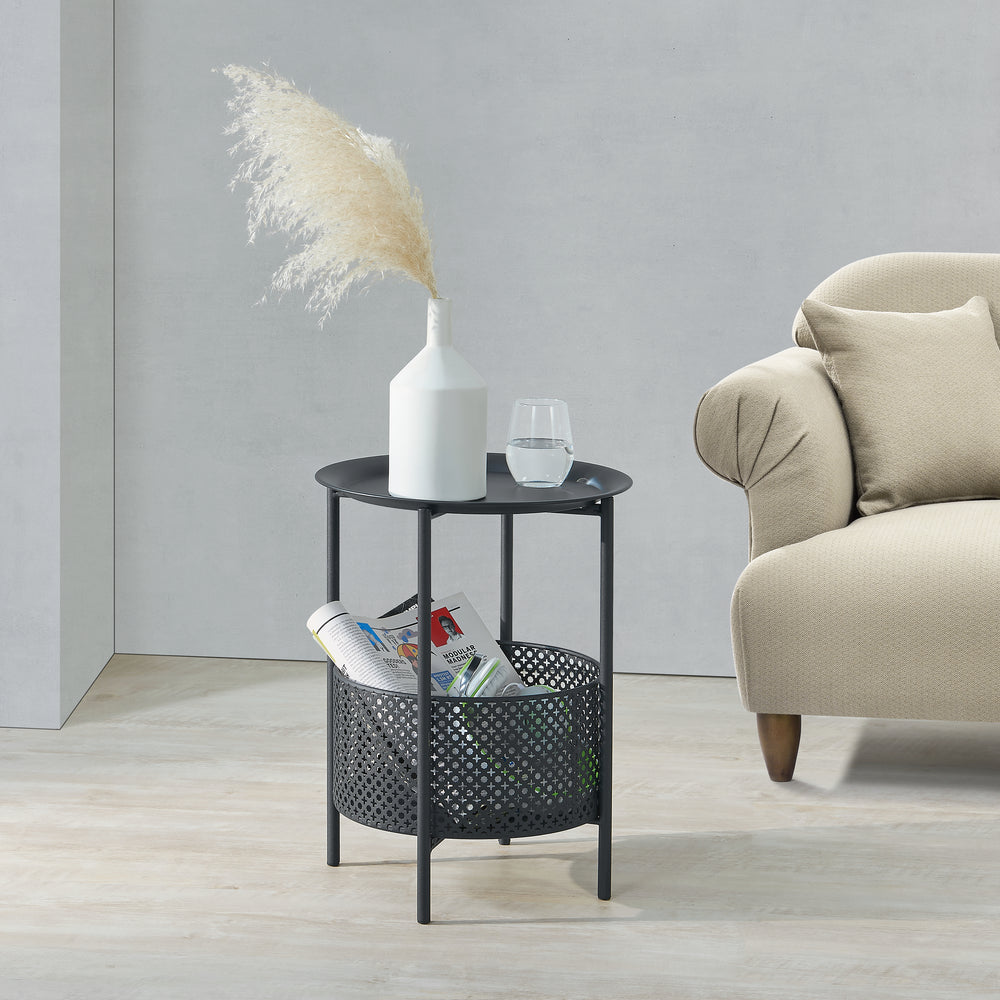 Sidebord Kruibeke 46x35cm med kurv Sort [en.casa] - premiumXL