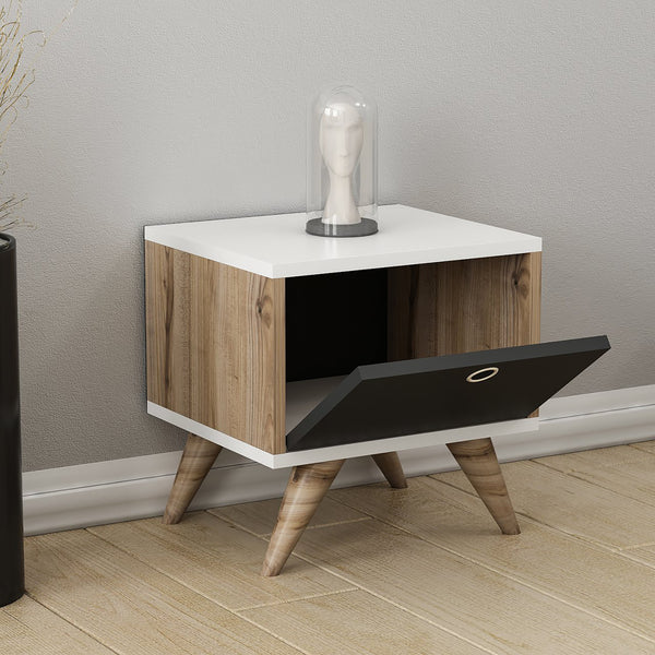 Sengeskab Hinnerup med hængslet dør 41x40x35 cm Hvid / egetræslook / sort [en.casa].