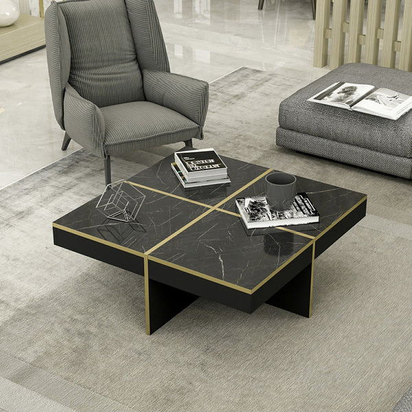 Sofabord Fjerritslev 35x90x90 cm marmorlook sort [en.casa].