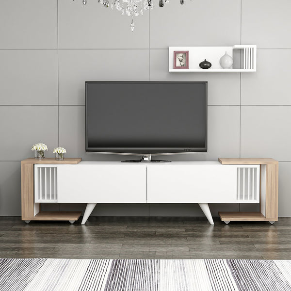 TV-bord med hylde og 2 sideborde Glostrup egetræslook/hvid [en.casa]
