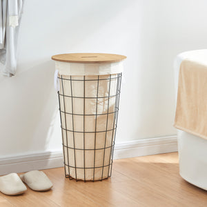 Vasketøjskurv Skive med vasketøjspose 40 L metal sort [en.casa]