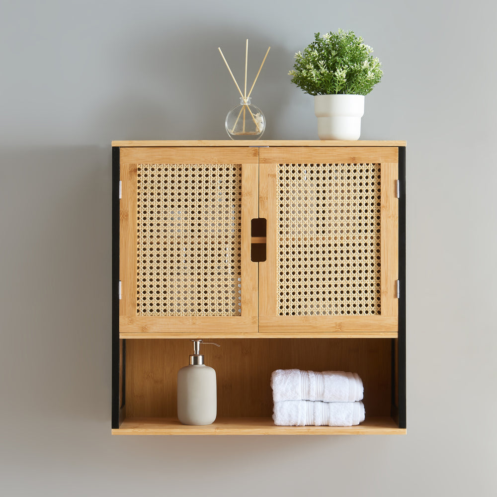 Væghængt skab Tervola 60x60x20 cm Sort/Bambus [en.casa]