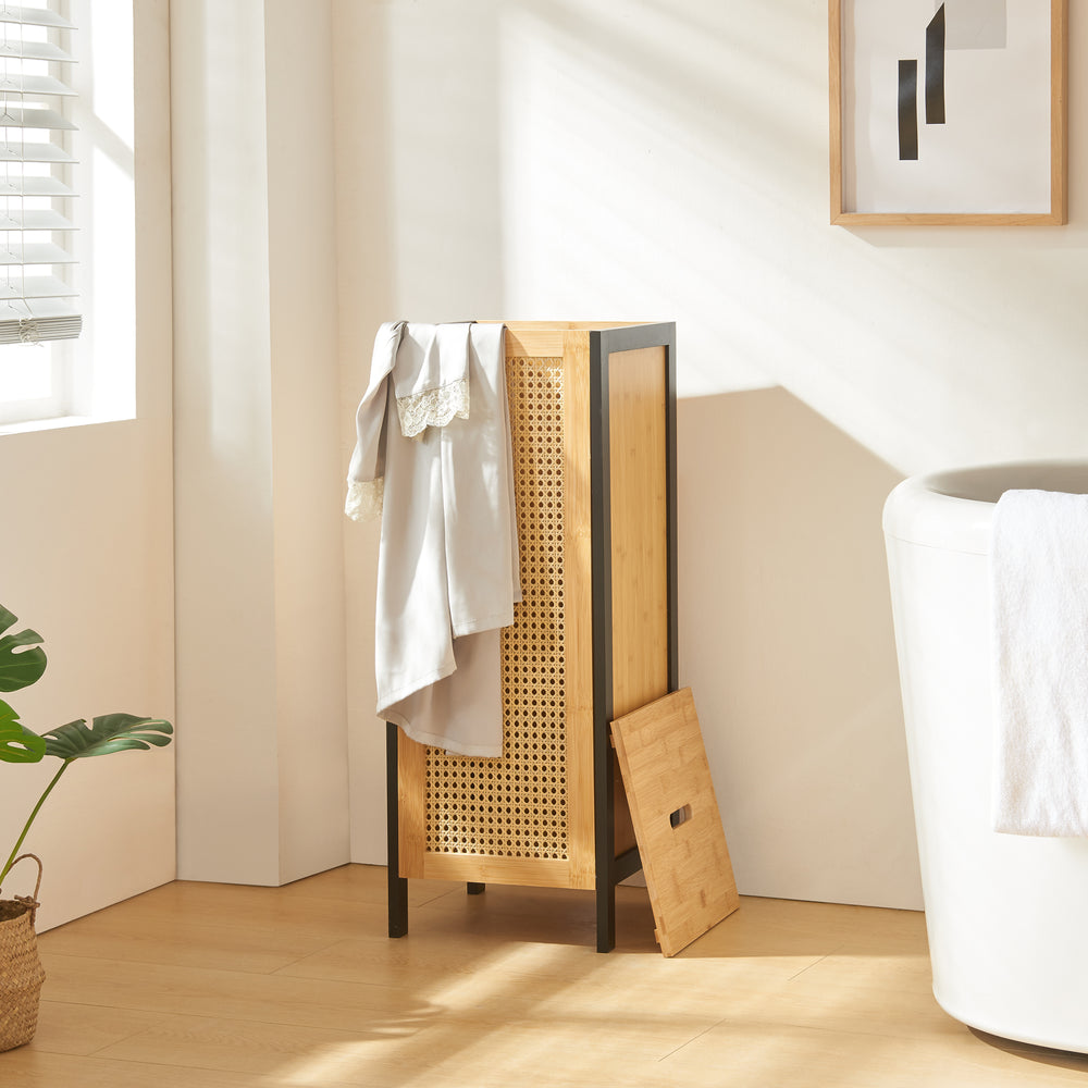Vasketøjskurv Tervola 51 L Sort/Bambus [en.casa] - premiumXL