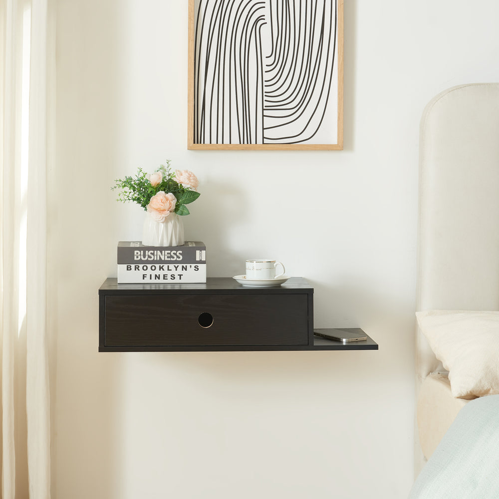 Væghylde Stor med skuffe 65x30x15 cm Sort [en.casa] - premiumXL