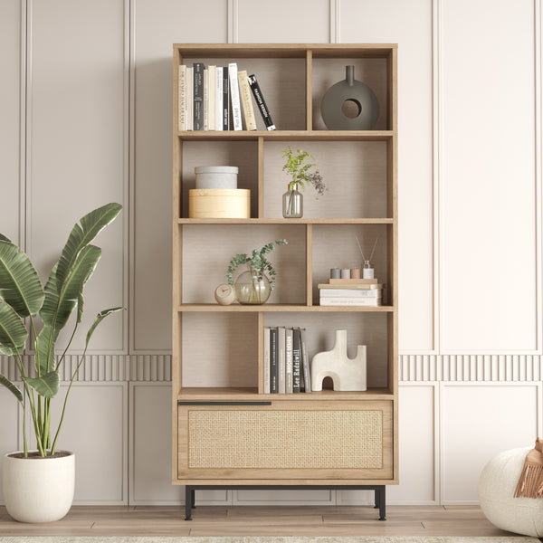 Bogreol Kvænangen 176x84x30 cm Eg-look/Rattan-look [en.casa]