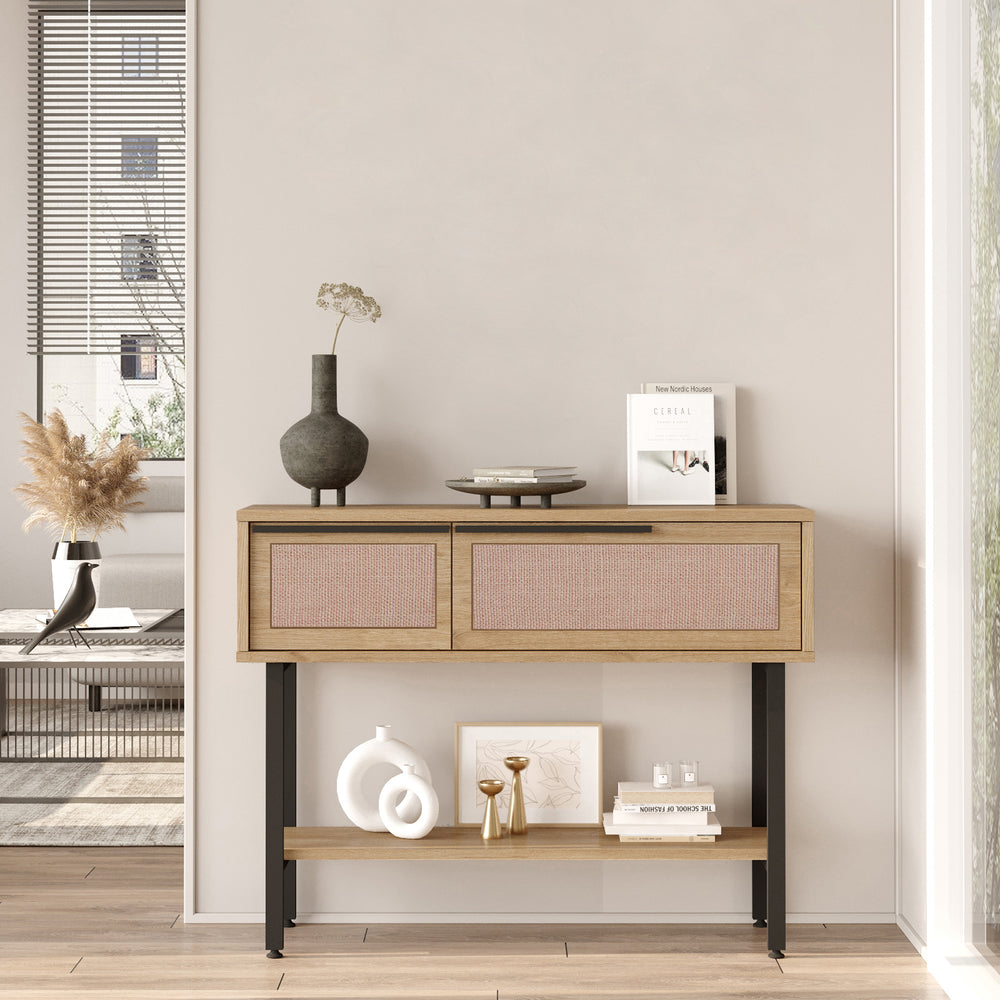 Konsolbord Kvænangen 100x30x76 cm eg/rattanlook [en.casa] - premiumXL