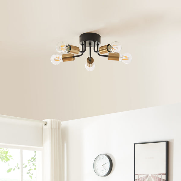 Lámpara de techo Barrow 5 portalámparas E27 metal 12x33cm - Negro/Dorado [lux.pro]