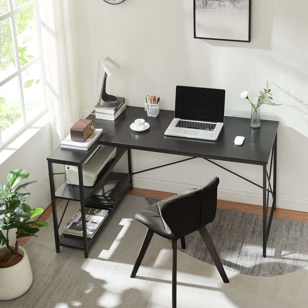 Skrivebord Raundsvalt med 1 hylde L-formet 137x88x75 cm Sort [en.casa] - premiumXL
