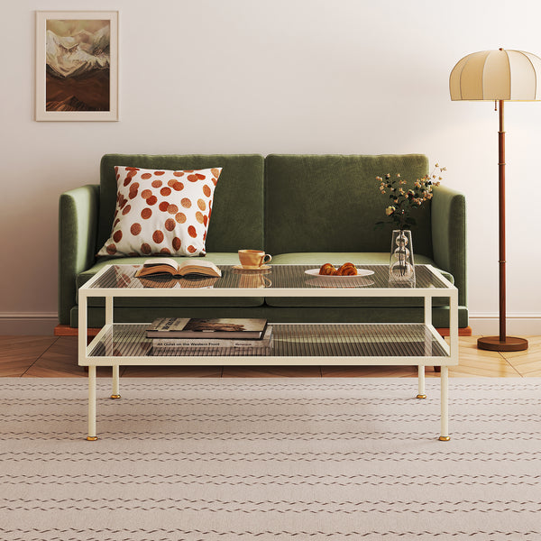 Sofabord Lindau stål med glasplade 100x50x46 cm cremehvid [en.casa]