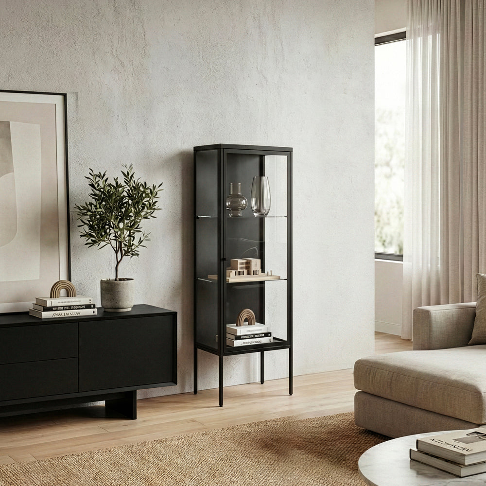 Borshavisa vitrineskab 116x34x30 cm stål sort [en.casa]