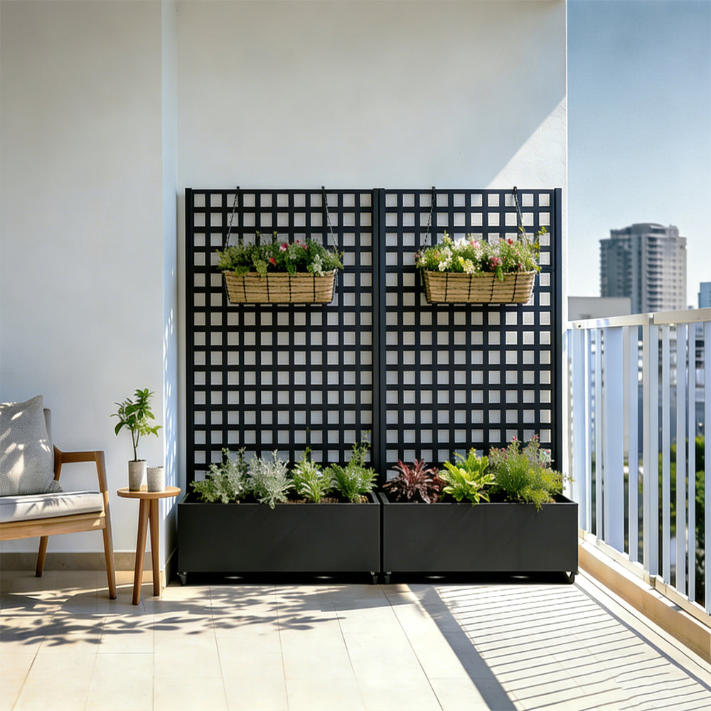 Skillevæg Toma med blomsterkasse i stål 190x82x38 cm sort [casa.pro]