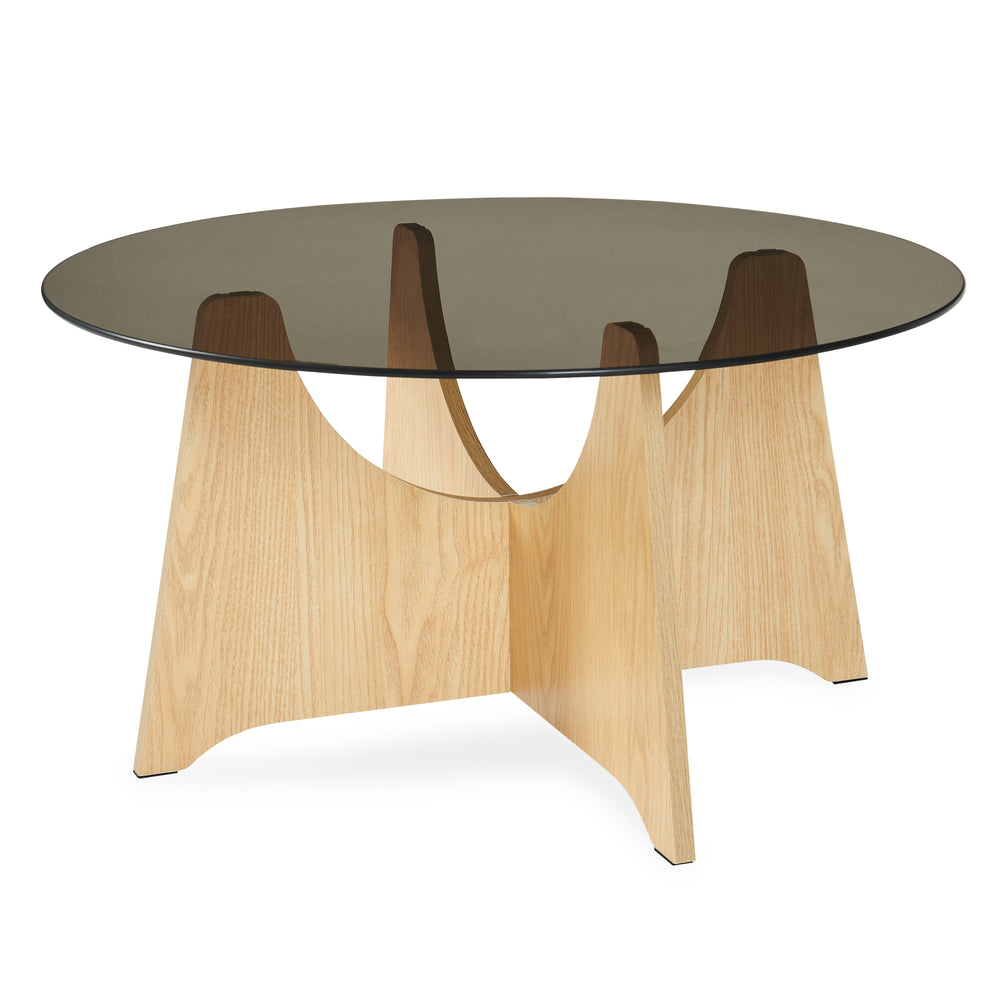 Sofabord 'Omlar' med rund glasplade Ø70 x 35 cm egetræslook / røggrå