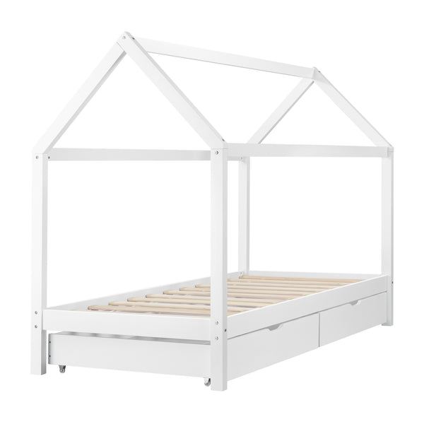 [en.casa]® Børneseng "Hus" med opbevaring - 2 skuffer - 206x98x150cm - fyrretræ - hvid (matt)