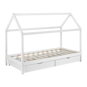 [en.casa]® Børneseng "Hus" med opbevaring - inkl. madras (antiallergisk) - 2 skuffer - 206x98x150cm - fyrretræ - hvid (matt)