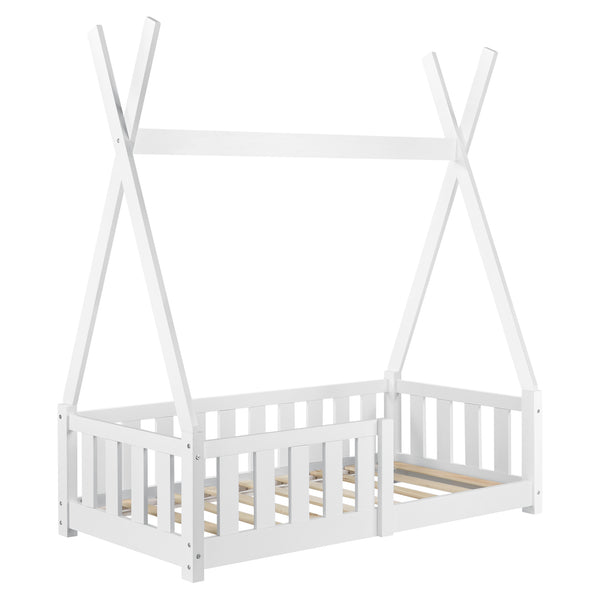 [en.casa]® Børneseng med tremme - inkl. madras - "tipi telt" - 148x76x165cm - fyrretræ - matt hvid
