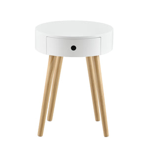 [en.casa] Stabelbart sengebord - sidebord med skuffe - rund - 50x38x38cm - MDF - fyrretræ - hvidlakeret