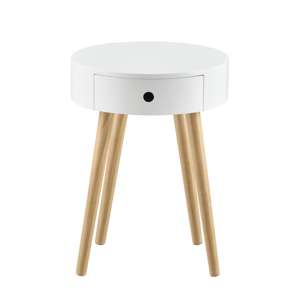 [en.casa] Stabelbart sengebord - sidebord med skuffe - rund - 50x38x38cm - MDF - fyrretræ - hvidlakeret
