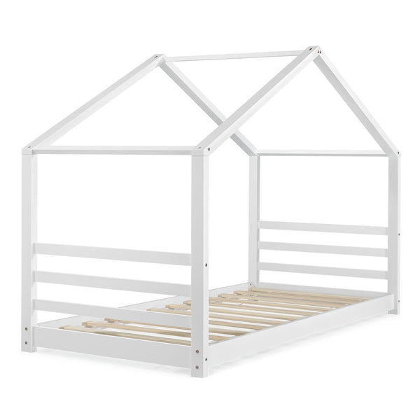 [en.casa]® Børneseng "Hus" med lamelbund - 200x90cm - fyrretræ - hvid (matt)