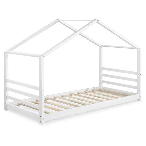 [en.casa]® Børneseng "Hus" inkl. antiallergisk madras - 200x140cm - fyrretræ - hvid (matt)