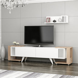 TV-bord med hylde og 2 sideborde Glostrup egetræslook/hvid [en.casa]