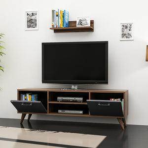 Tv-bord med væghylde Haderslev valnøddelook / antracit [en.casa].