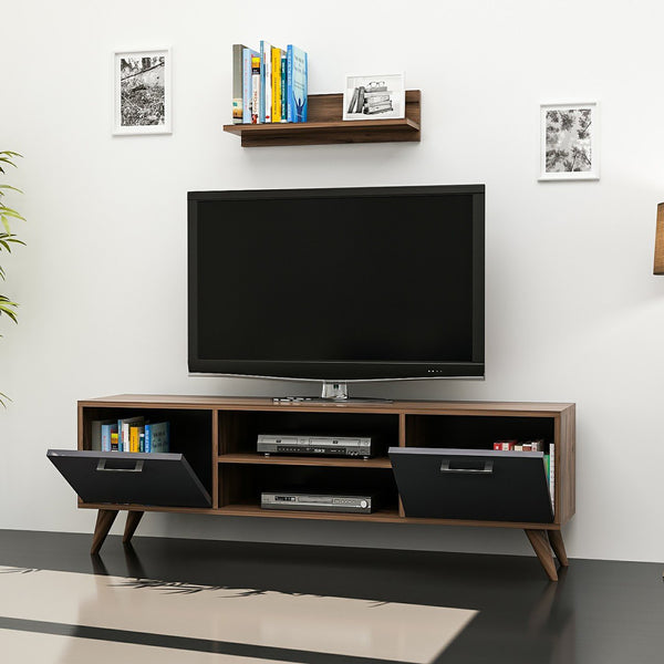 Tv-bord med væghylde Haderslev valnøddelook / antracit [en.casa].
