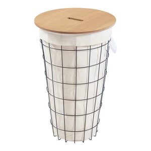 Vasketøjskurv Skive med vasketøjspose 40 L metal sort [en.casa]