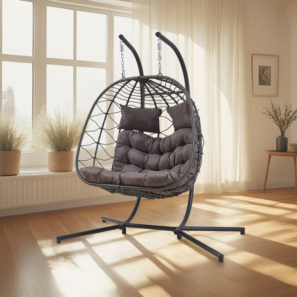 Silla colgante Skense 2 plazas con soporte y cojín 198x156x98cm - Gris [en.casa]