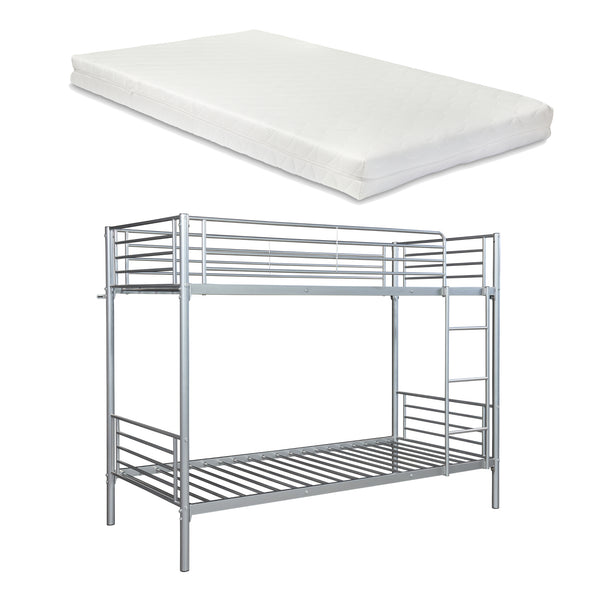 Metall-etageseng Soppsar med 2 madrasser 200x90 cm sølv [en.casa]