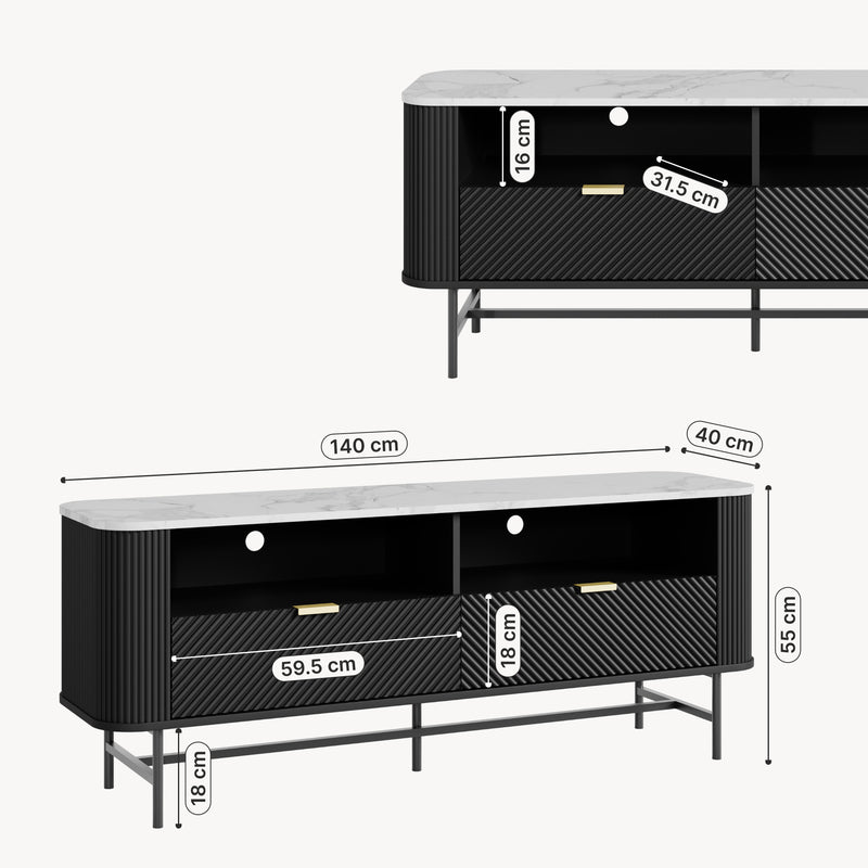Målskitse TV-Lowboard Olvehok 140x40x55 cm Sort/Marmorlook, hvid [en.casa]