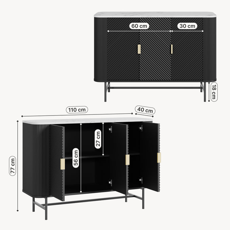 Målskitse Sideboard Olvehok 110x40x77 cm Sort/Marmorlook, hvid [en.casa]