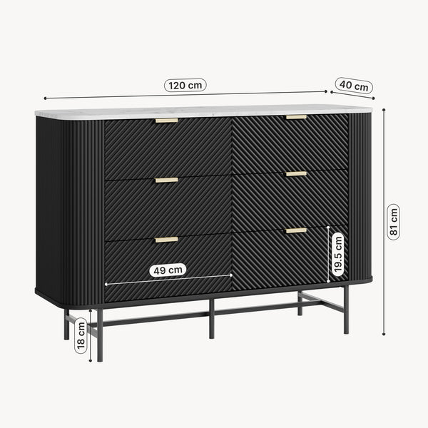 Kommode Olvehok 120x40x81 cm Sort/Marmorlook, hvid [en.casa]