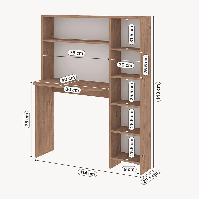 Målskitse Skrivebord med hylde Onega 143x114x40 cm træfarvet [en.casa]