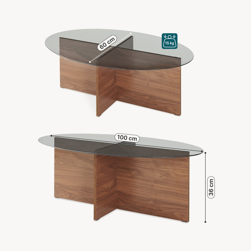 Målskitse Sofabord Viroya med glasplade 100x60x36 cm valnødslook/grå [en.casa]