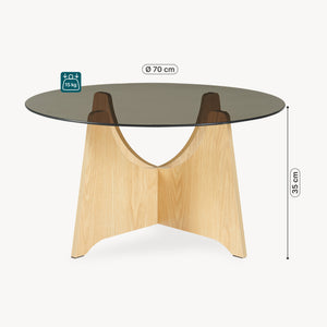 Sofabord 'Omlar' med rund glasplade Ø70 x 35 cm egetræslook / røggrå