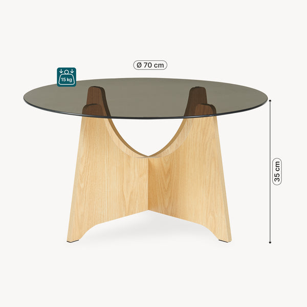 Sofabord 'Omlar' med rund glasplade Ø70 x 35 cm egetræslook / røggrå