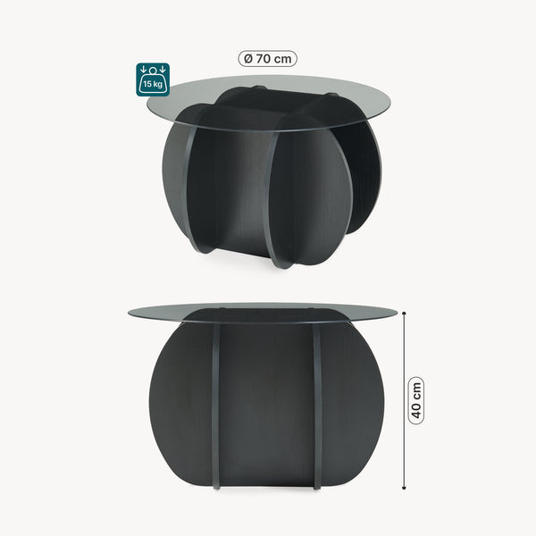 Sofabord Karhuvandi med glasplade Ø70x40 cm Sort/Grå [en.casa]