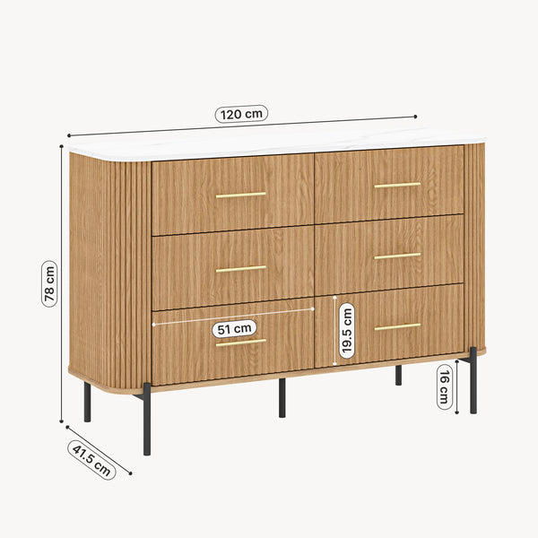Kommode Kokunse med 6 skuffer 120x42x78 cm egetræslook [en.casa]