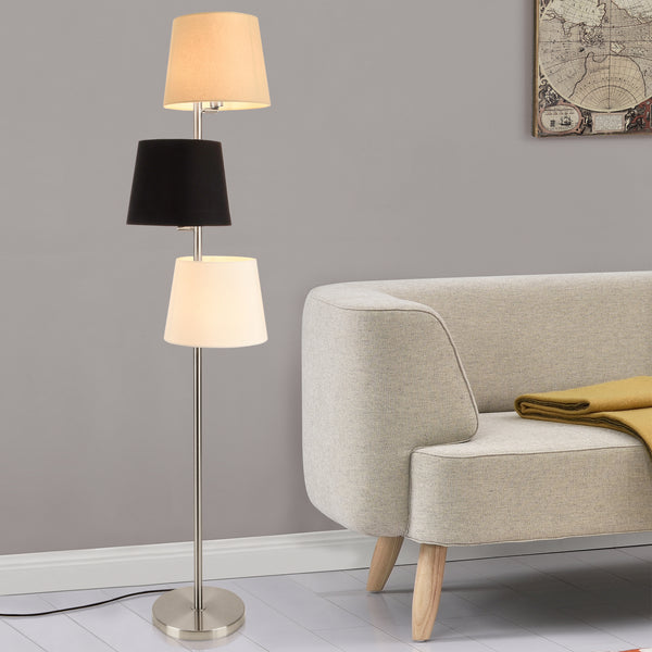 [lux.pro]® Gulvlampe Braga - 3 lampeskærme - 3xE14 - 149cm - metal - tekstil - sølv / creme / sort / hvid