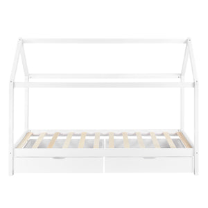 [en.casa]® Børneseng "Hus" med opbevaring - 2 skuffer - 206x98x150cm - fyrretræ - hvid (matt)
